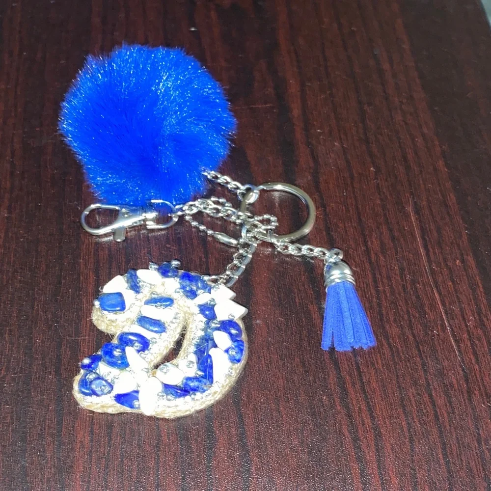 Leather D Vibrant blue Pom pom Keychain Purse charm